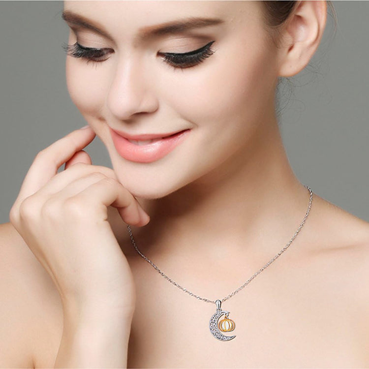 925 Sterling Silver Ladytree Halloween Jewelry Moon and Pumpkin Bat Luminous Beads Glow Pendant Necklace