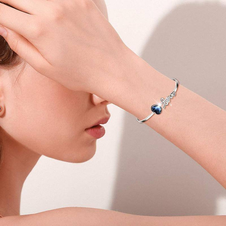 925 Sterling Silver Blue Crystals from Austria Love Heart Bangle Bracelet in White Gold Plated