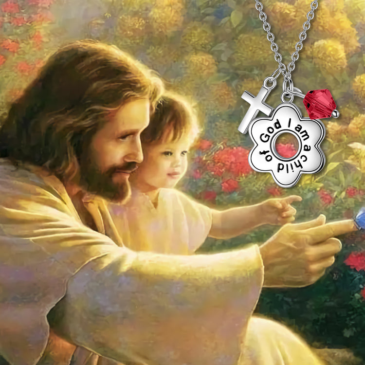 925 Sterling Silver Cross I am a Child of God Engraved Daisy Birthstone Necklace Gift for Her