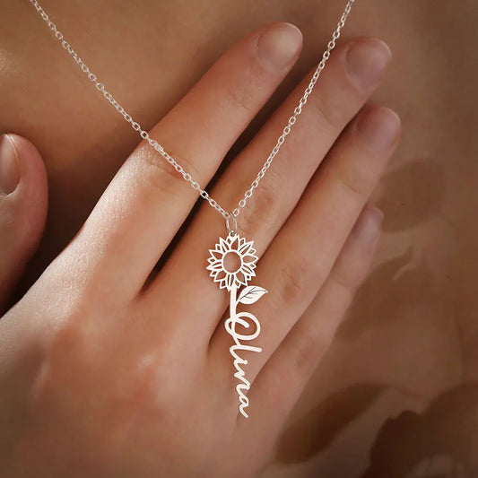 925 Sterling Silver Personalized Name Sunflower Necklace