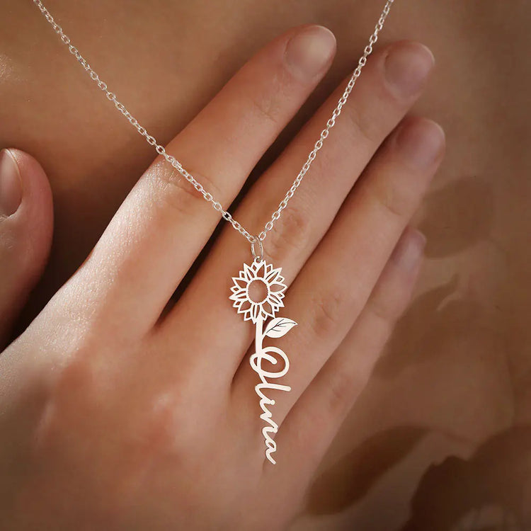 925 Sterling Silver Personalized Name Sunflower Necklace