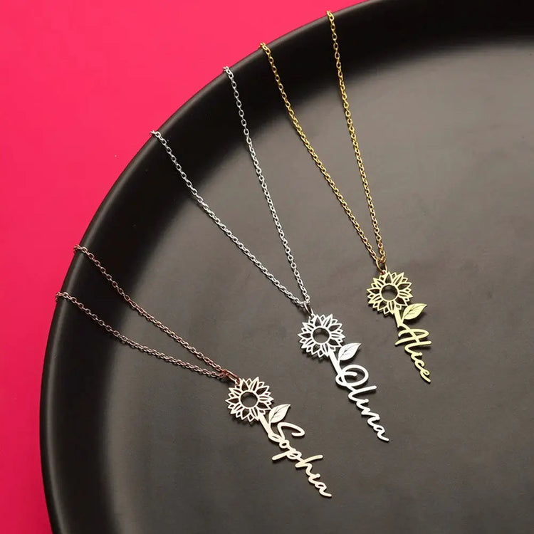 925 Sterling Silver Personalized Name Sunflower Necklace