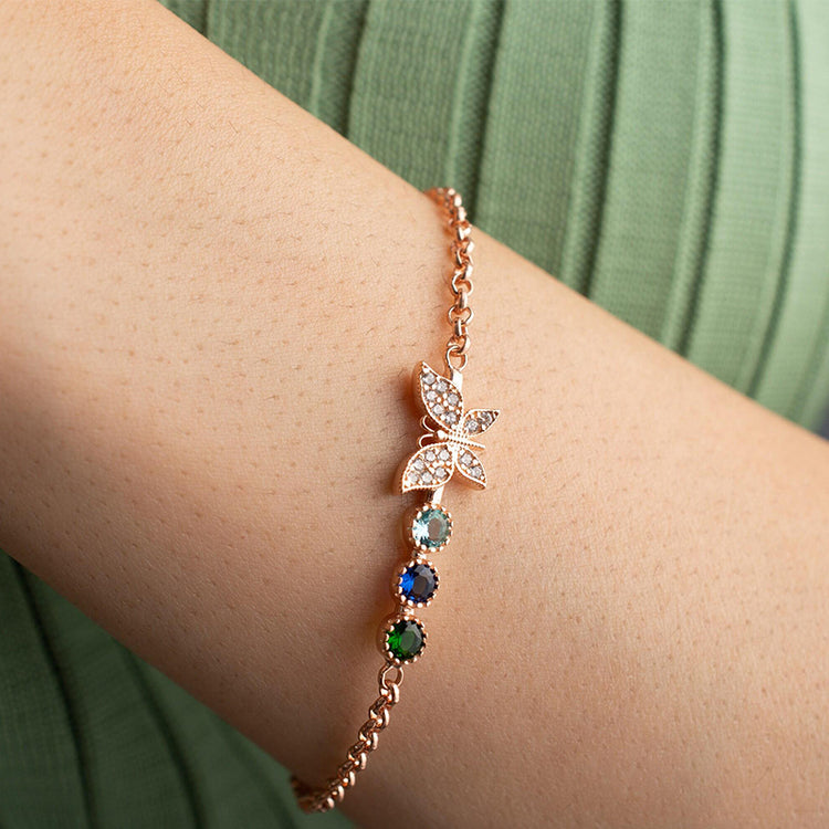 925 Sterling Silve Birthstone Family Butterfly Bracelet, Personalized Birthstone Bracelet, Custom Birthstone Bracelet