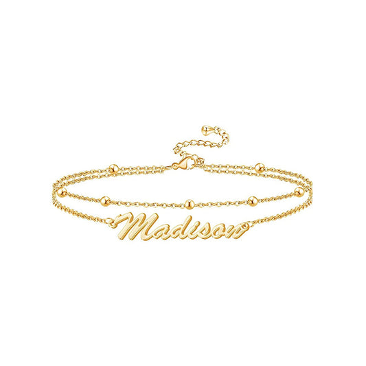 925 Sterling Silver Double Layers Name Anklet, Nameplated Anklet