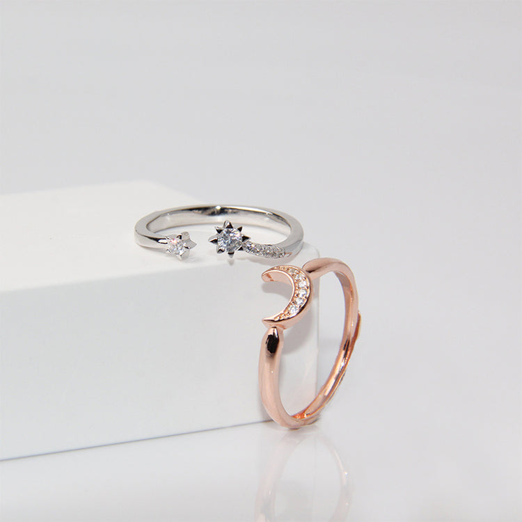 Moon and Star Ring Set, 925 Sterling Silver Size Adjustable Ring Gold & Rose Gold Stackable Rings Celestial Minimalist Dainty Cute Ring Set