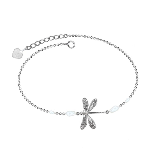 PRABIRDS 925 Sterling Silver Dragonfly Anklet With Pearl