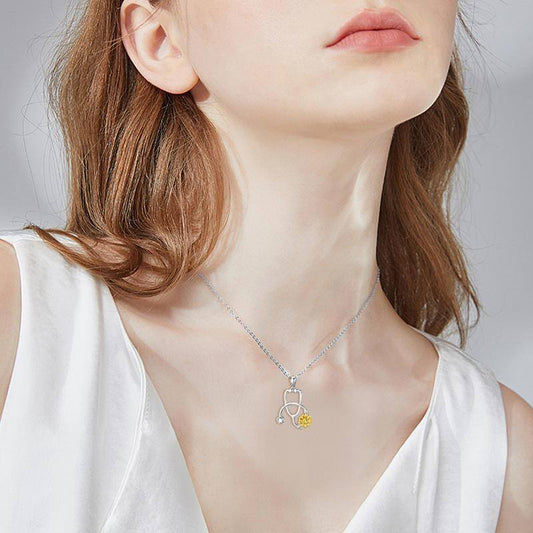 925 Sterling Silver Stethoscope with Sunflower Medical Doctor Nurse Student Graduation Pendant Necklace
