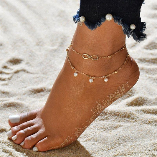 925 Sterling Silver Retro Pearl Infinity Ankle Anklet Bracelet Set