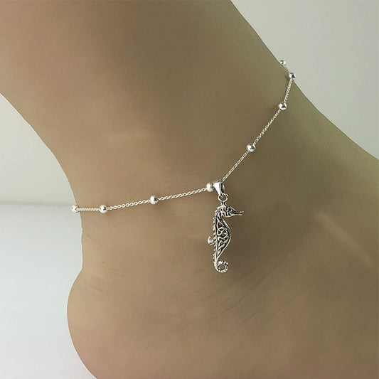 925 Sterling Silver Seahorse Beaded Ankle Bracelet, Good Luck Charm Jewelry, Beach Jewelry