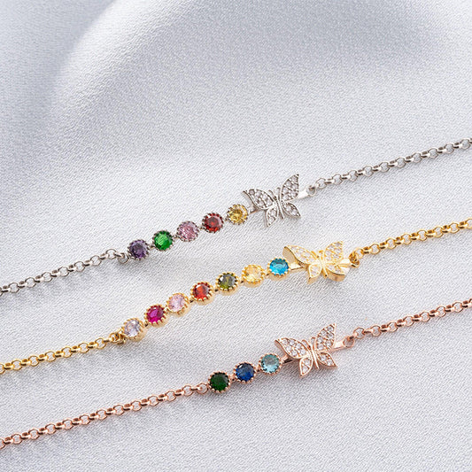 925 Sterling Silve Birthstone Family Butterfly Bracelet, Personalized Birthstone Bracelet, Custom Birthstone Bracelet