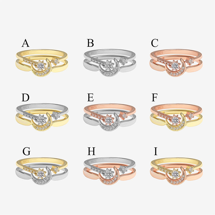 Moon and Star Ring Set, 925 Sterling Silver Size Adjustable Ring Gold & Rose Gold Stackable Rings Celestial Minimalist Dainty Cute Ring Set