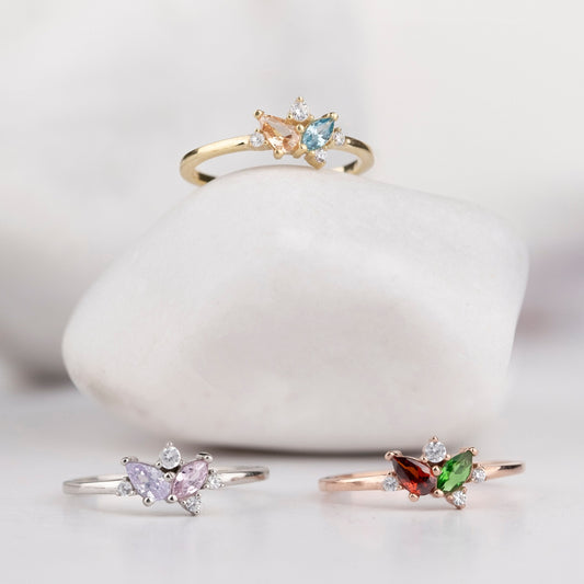 925 Sterling Silver Marquise Birthstone Ring, Pear Birthstone