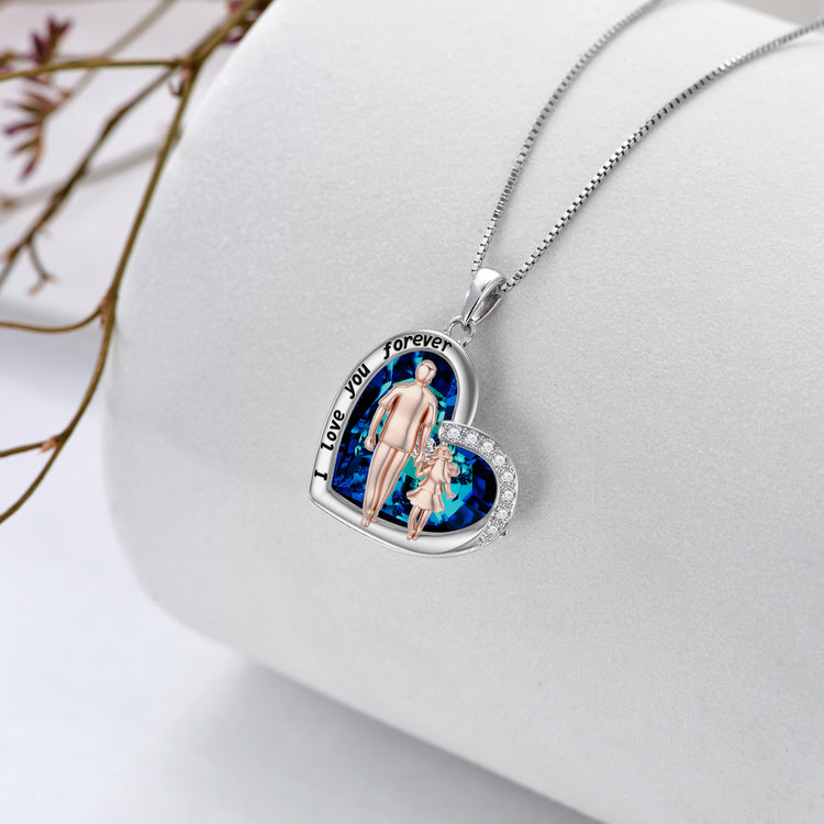 925 Sterling Silver Father and Daughter Necklace Blue Heart Crystal Necklace