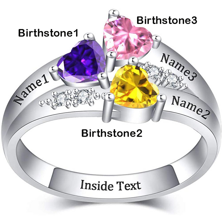 925 Sterling Silver Custom Engraved Name Mothers Ring with 3 Birthstones