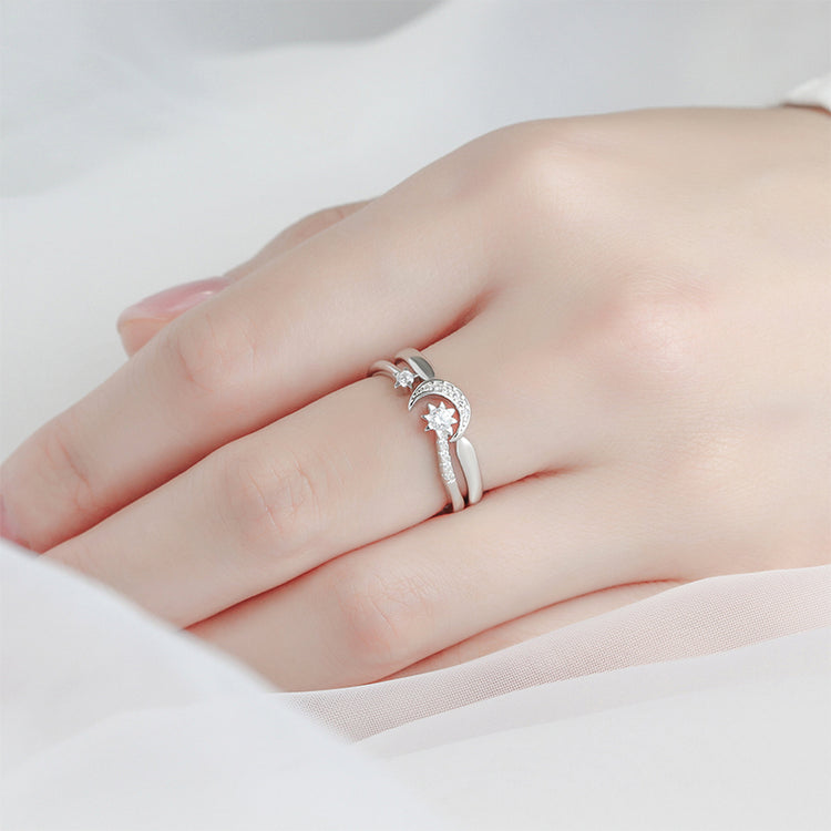 Moon and Star Ring Set, 925 Sterling Silver Size Adjustable Ring Gold & Rose Gold Stackable Rings Celestial Minimalist Dainty Cute Ring Set