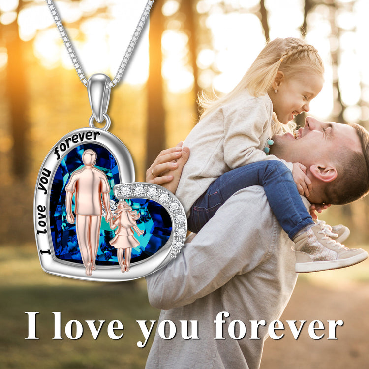 925 Sterling Silver Father and Daughter Necklace Blue Heart Crystal Necklace