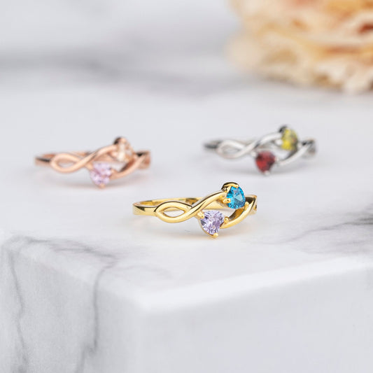 925 Sterling Silver Infinity Double Heart Birthstones Ring