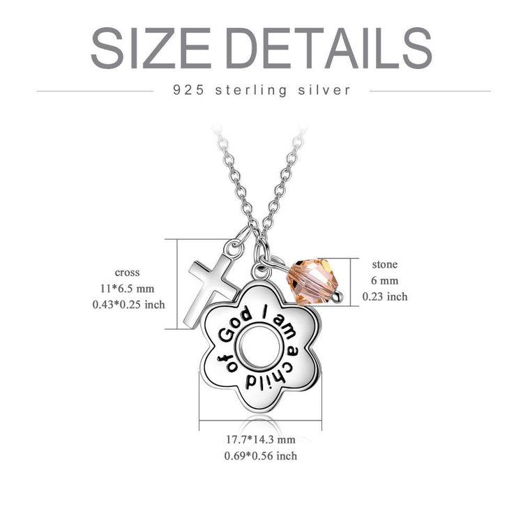 925 Sterling Silver Cross I am a Child of God Engraved Daisy Birthstone Necklace Gift for Her