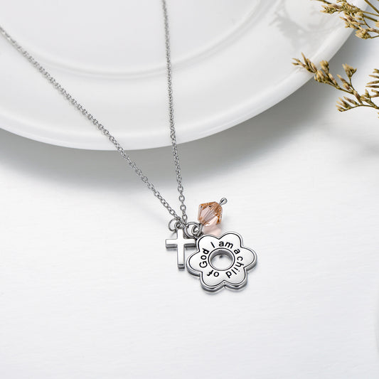 925 Sterling Silver Cross I am a Child of God Engraved Daisy Birthstone Necklace Gift for Her