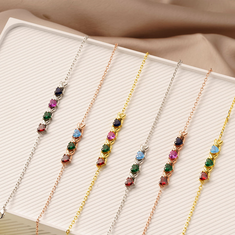 925 Sterling Silver Customized Heart Birthstone Bracelet