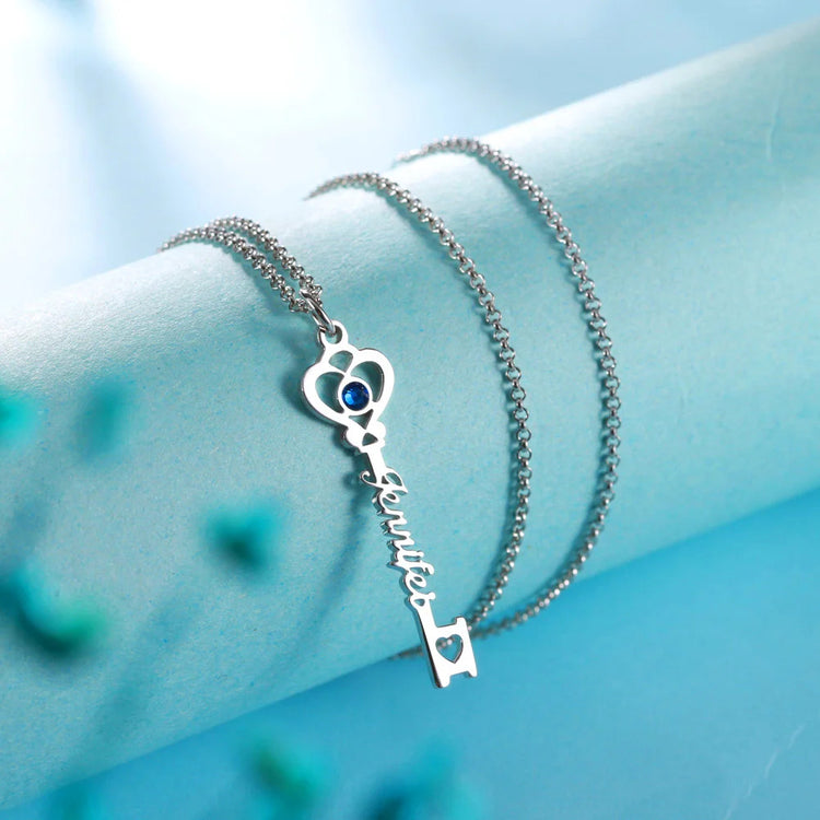 925 Sterling Silver Personalized Key to True Love Birthstone Name Necklace