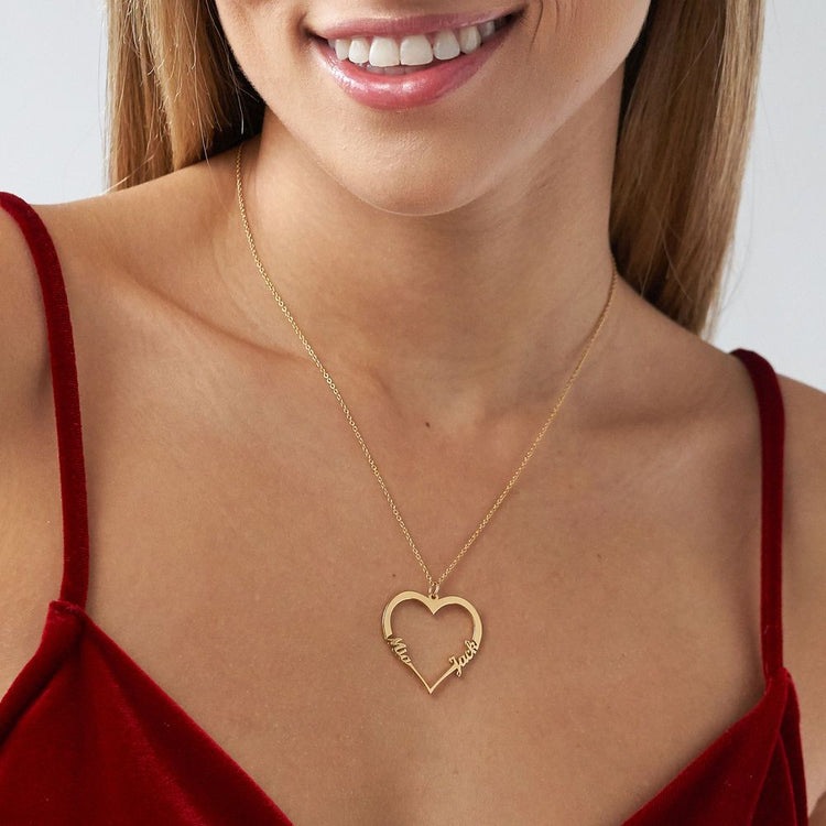 925 Sterling Silver Contour Necklace with Heart Charm and Two Names