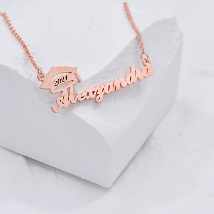 925 Sterling Silver Custom Bachelor Cap Personalized Name Graduation Necklace