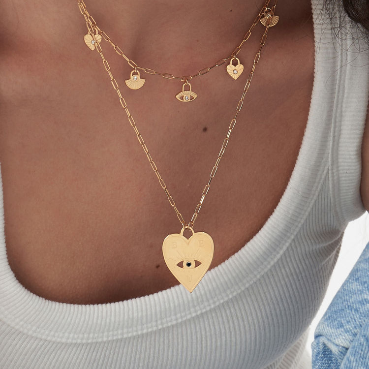 925 Sterling Silver Engraved Evil Eye Heart Necklace With Cubic Zirconia