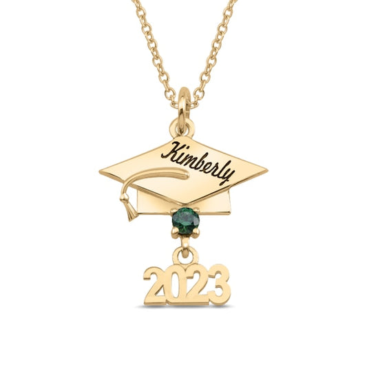 925 Sterling Silver Gemstone Engravable 2023 Graduation Cap Pendant Necklace