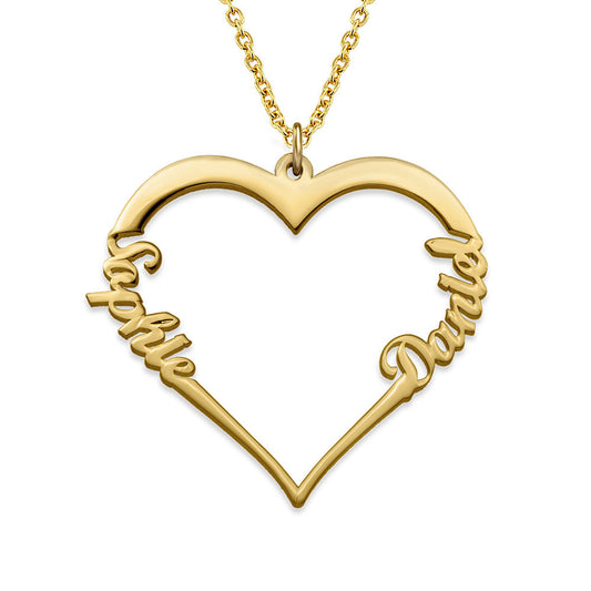 925 Sterling Silver Contour Necklace with Heart Charm and Two Names
