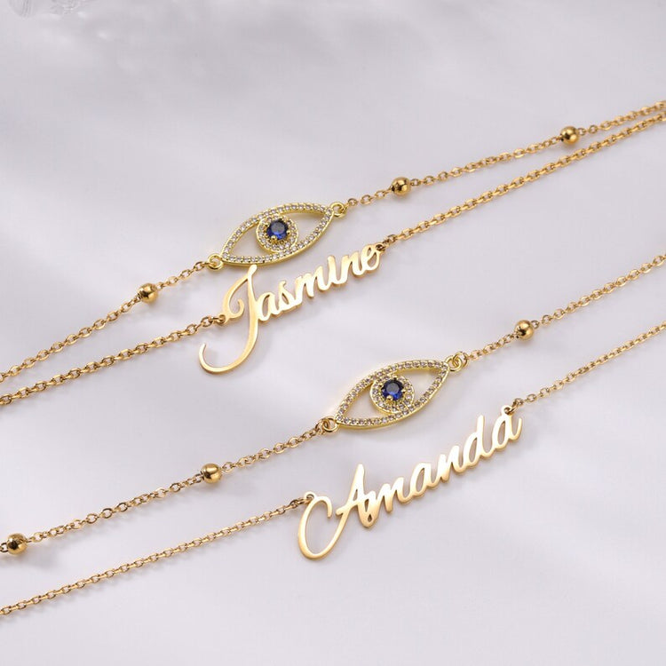 925 Sterling Silve Personalized Evil Eye Bracelet, Double Layered Silver Bracelet with Dainty Evil Eye for Women, Layered Bracelet Set, Summer Wear Anklet