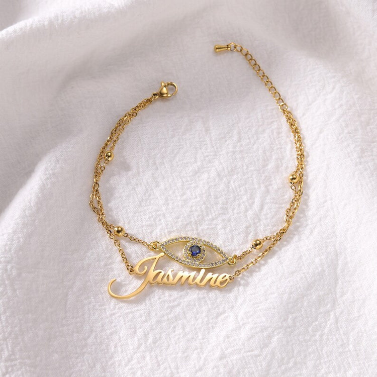 925 Sterling Silve Personalized Evil Eye Bracelet, Double Layered Silver Bracelet with Dainty Evil Eye for Women, Layered Bracelet Set, Summer Wear Anklet