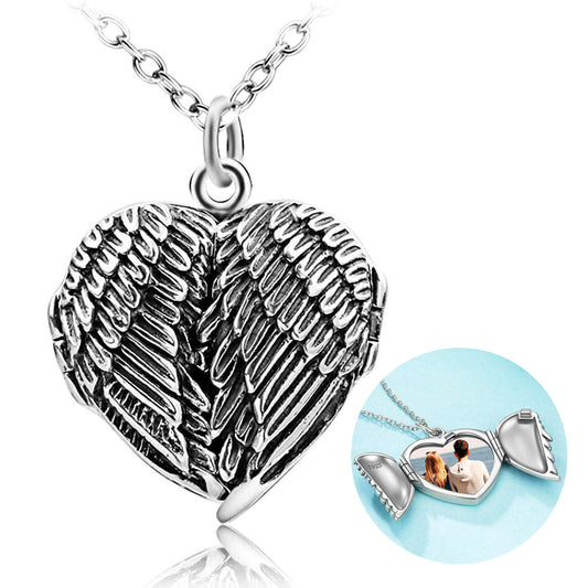 925 Sterling Silver Angel Wings Heart Photo Locket Necklace, Retro Style Heart Shape Pendant Necklace