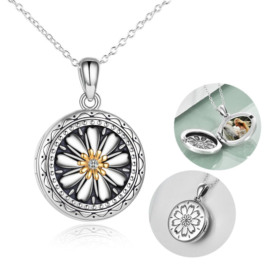 925 Sterling Silver Daisy Open Locket Photo Necklace