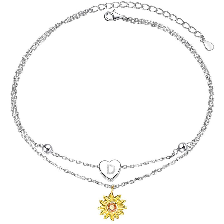 925 Sterling Silver Double Sunflower Customizable Alphabet Anklets Summer Style - onlyone