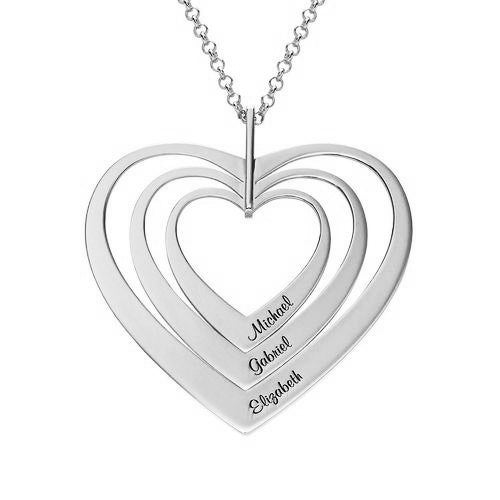 925 Sterling Silver Three Heart Engraved Name Necklace Gift Nameplate Necklace - onlyone