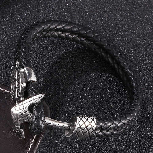 Mens Leather Bracelet With Stainless Steel Compass, Father's Day Bracelet - onlyone