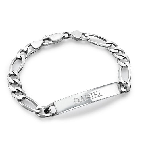 925 Sterling Silver Personalized Men's ID Bracelet In Figaro Link