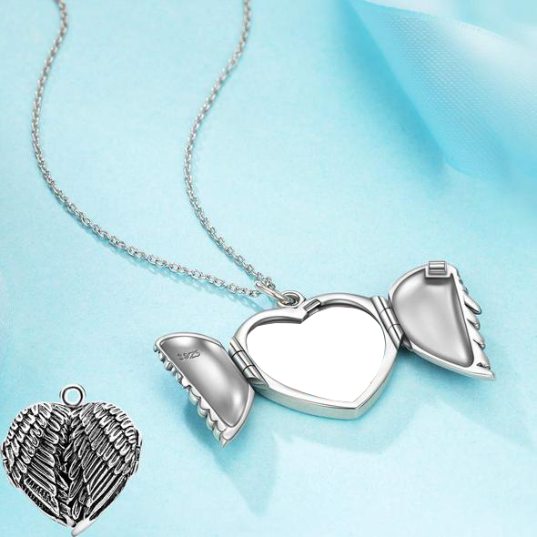 925 Sterling Silver Angel Wings Heart Photo Locket Necklace, Retro Style Heart Shape Pendant Necklace