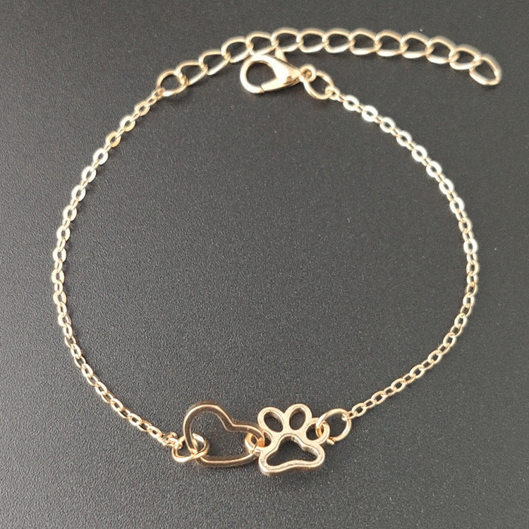 925 Sterling Silver Hollow Heart Puppy Pet Paw Print Anklet - onlyone