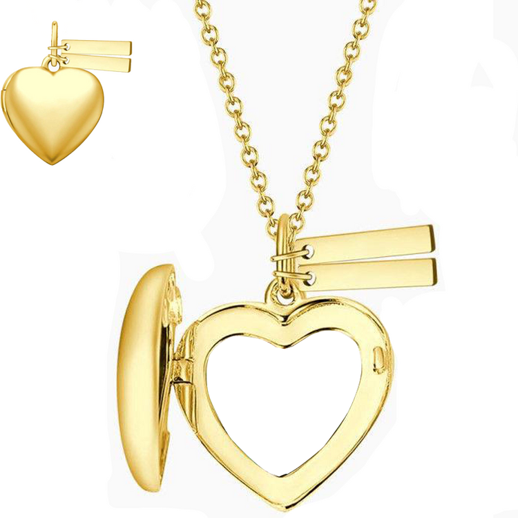 925 Sterling Silver Heart Photo Locket Necklace With Two Engraved Bars
