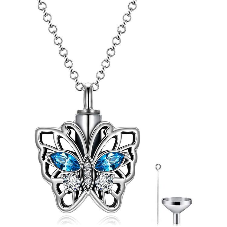 925 Sterling Silver Butterfly Urn Necklace for Ashes, Cremation Keepsake Necklace with Crystal - onlyone