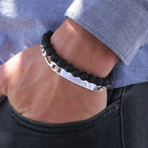 925 Sterling Silver Personalized Men's ID Bracelet In Figaro Link