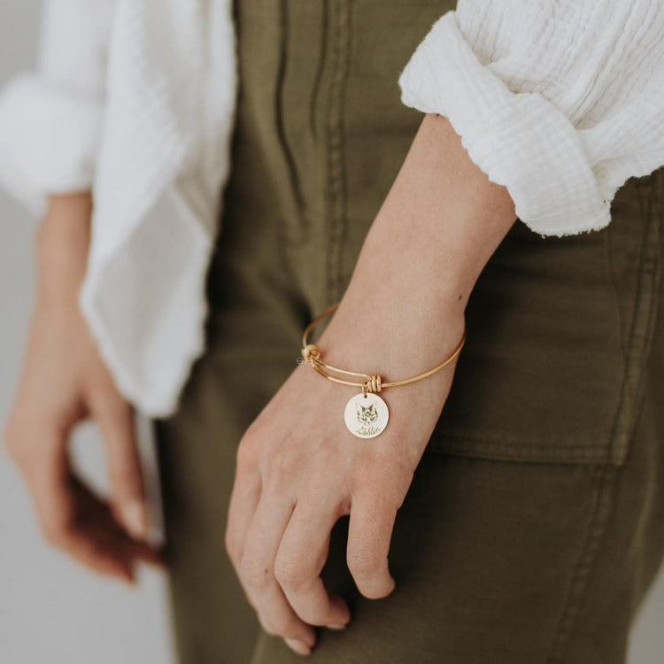 925 Sterling Silver Custom Pet Portrait Adjustable Bangle Round Photo Bangle