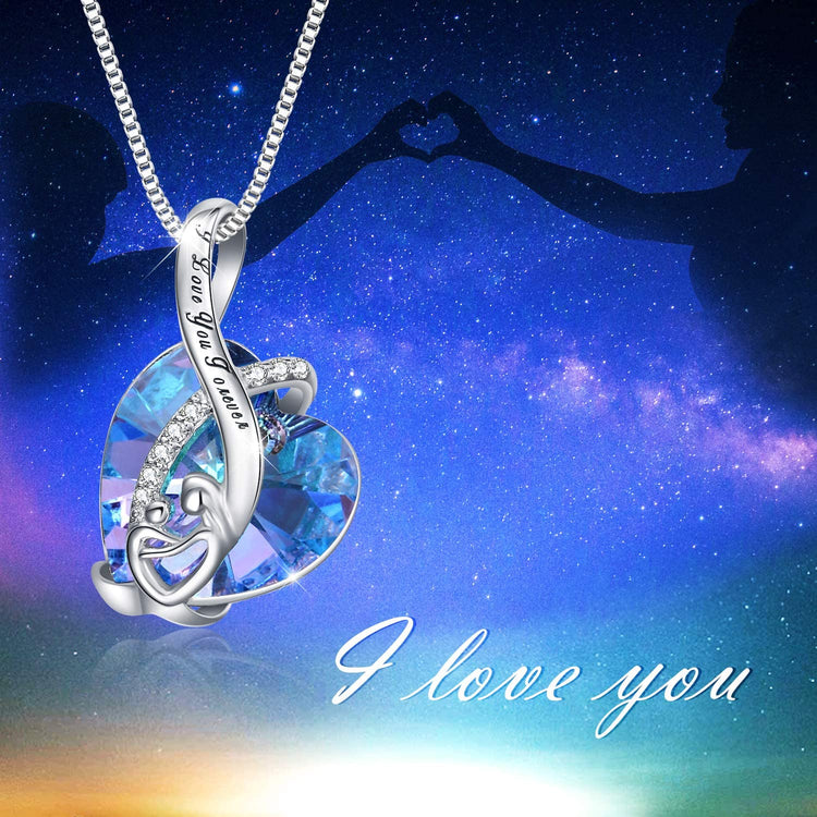 925 Sterling Silber Mutter und Kind Herz Kristall Anhänger Halskette mit Ich liebe dich für immer graviert