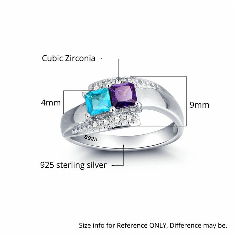 925 Sterling Silver Personalized Mothers Ring With 2 Simulated Birthstones, Couples Promise Rings - onlyone