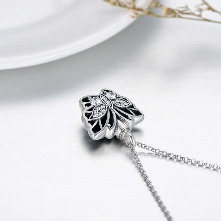 925 Sterling Silver Butterfly Urn Necklace for Ashes, Cremation Keepsake Necklace with Crystal - onlyone