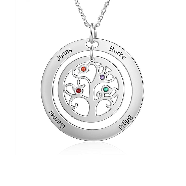 925 Sterling Silver Multi-Name Family Tree Necklace With Birthstone