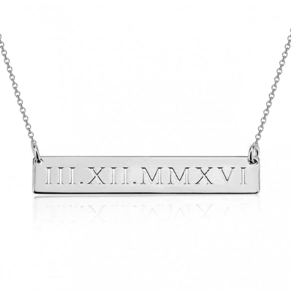 925 Sterling Silver Date spéciale Chiffres romains Gravé Bar Collier, Chiffres romains Anniversaire Date Collier