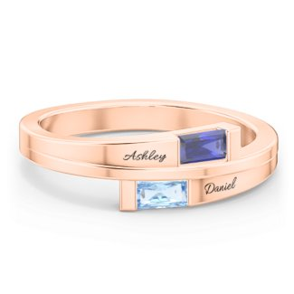 925 Sterling Silver Double Baguette Bypass Birthstone Ring
